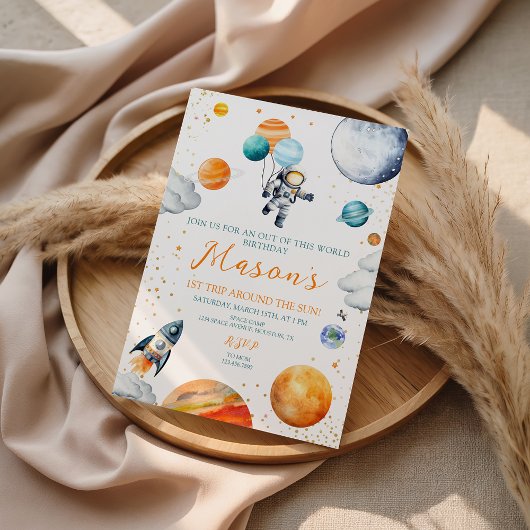 Watercolor Space Astronaut 1st Birthday Kaart