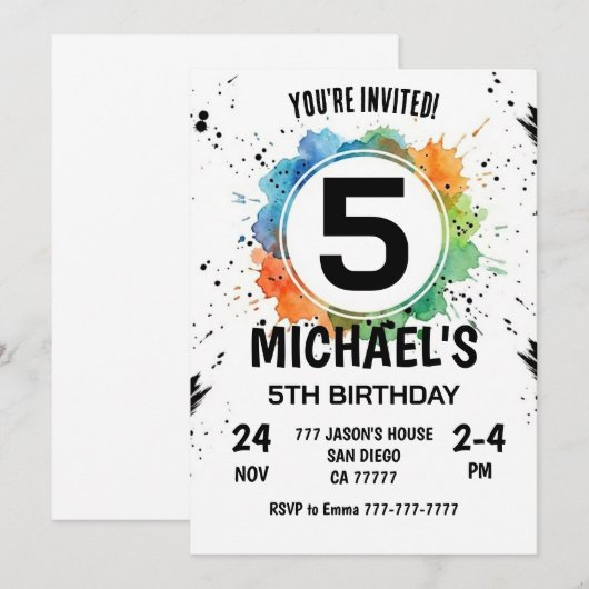 Watercolor Splash Boy 5th Birthday Kaart (Voorkant / Achterkant)