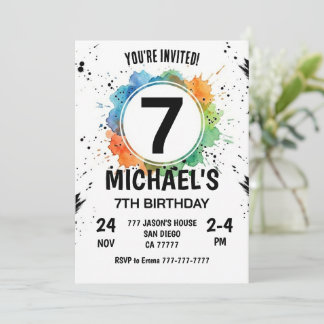 Watercolor Splash Boy 7th Birthday Kaart