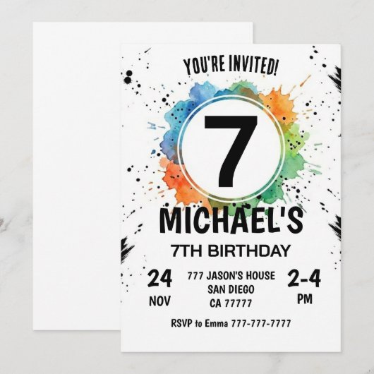 Watercolor Splash Boy 7th Birthday Kaart (Voorkant / Achterkant)