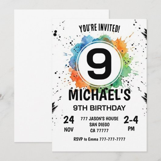 Watercolor Splash Boy 9th Birthday Kaart (Voorkant / Achterkant)