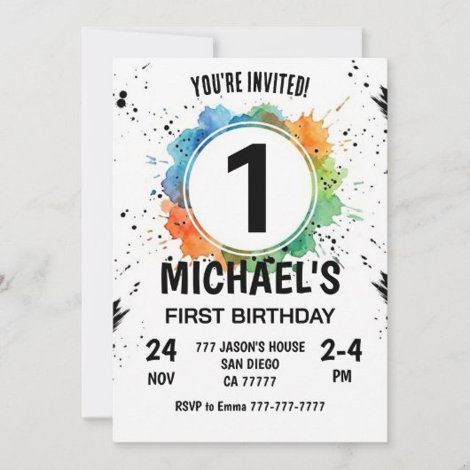 Watercolor Splash Boy First Birthday Kaart (Voorkant)