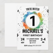 Watercolor Splash Boy First Birthday Kaart (Voorkant / Achterkant)