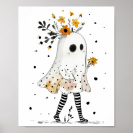 Watercolor Spook & Zonnebloemen Whimsical Hallowee Poster