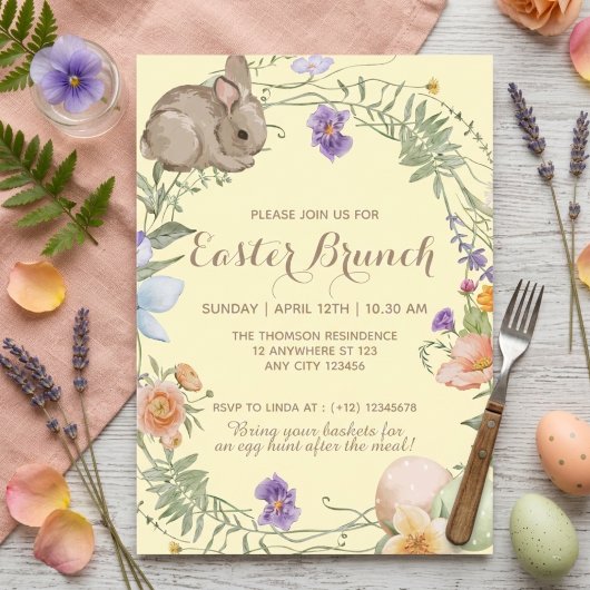 Watercolor Spring Floral Bunny Easter Brunch  Kaart