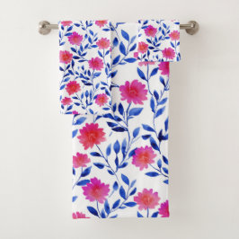 Watercolor Spring Flowers Pink& Blue Floral  Bad Handdoek