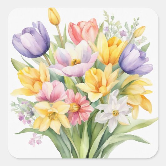 Watercolor Spring Flowers Tulips Vierkante Sticker (Voorkant)