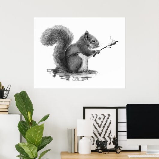 Watercolor Squirrel Toasting Marshmallow Animal  Poster (Thuiskantoor)