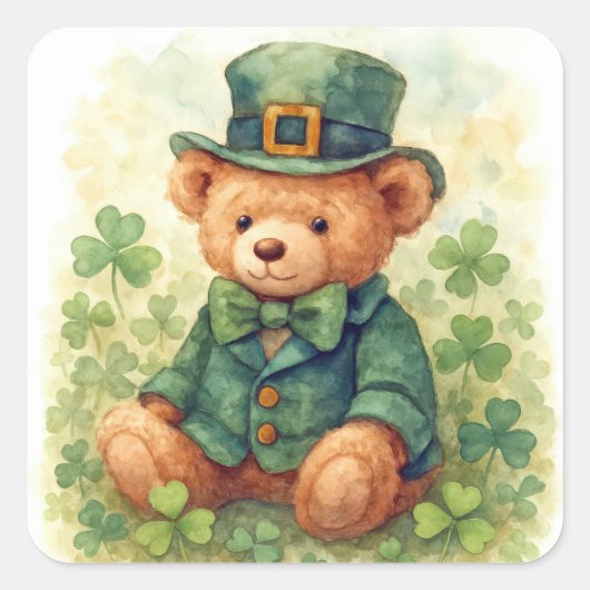 Watercolor St. Patrick's Day Knuffelbeer Vierkante Sticker (Voorkant)