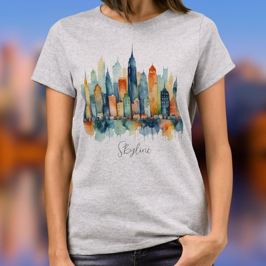 Watercolor Stadssilhouet Modern Koel Stedelijk Gra T-shirt