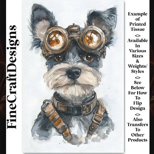 Watercolor Steampunk Schnauzer Hond CC8 Decoupage Tissuepapier