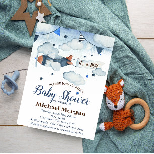 Watercolor sterren,wolken,vliegtuig baby shower kaart