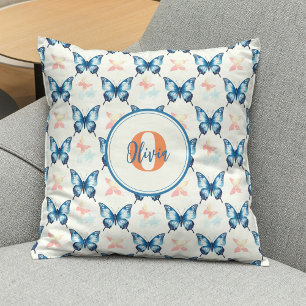 Watercolor Stijlvolle Blauwe Vlinders Monogram Kussen