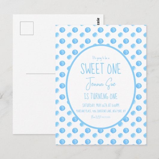 Watercolor Stippen Eerste Verjaardagsfeestje Blauw Briefkaart (Voorkant / Achterkant)