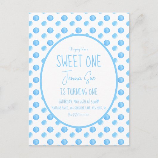 Watercolor Stippen Eerste Verjaardagsfeestje Blauw Briefkaart (Voorkant)