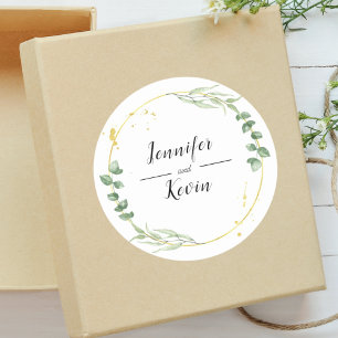 Watercolor Stof Groen blad Goud Bruiloft Ronde Sticker