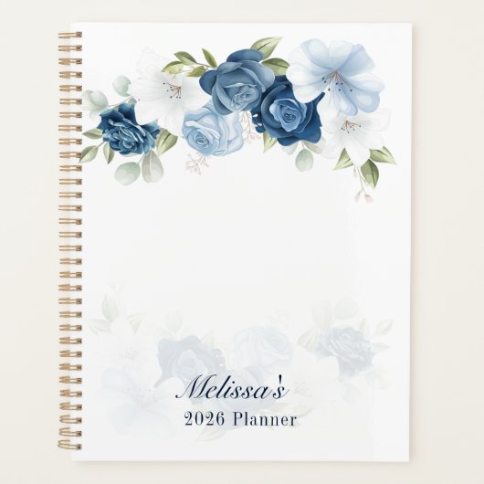 Watercolor Stofblauw Bloem 2026 Planner (Voorkant)