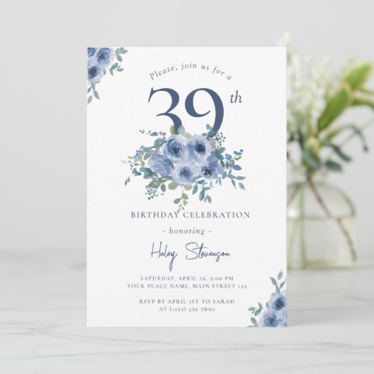 Watercolor Stofblauw Bloem 39e Verjaardag Chic Kaart (Staand voorkant)