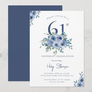 Watercolor Stofblauw Bloem 61ste Verjaardag Chic Kaart