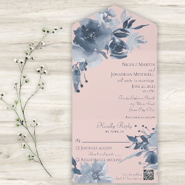 Watercolor Stofblauw Bloemmotief op Blos met QR-co All In One Uitnodiging