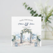Watercolor Stofblauw en Aqua Strandbruiloft Save The Date (Staand voorkant)