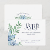 Watercolor Stofblauw Marineblauwe Bloemen RSVP Kaartje (Voorkant / Achterkant)
