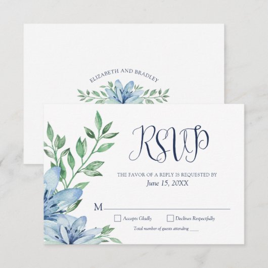 Watercolor Stofblauw Marineblauwe Bloemen RSVP Kaartje (Voorkant / Achterkant)
