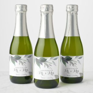 Watercolor Stofblauwe Bladeren Trouwreceptie Sparkling Wijnetiket