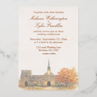Watercolor Stone Chapel Fall Wedding Invitation Folie Uitnodiging