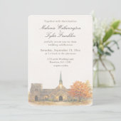 Watercolor Stone Chapel Fall Wedding Invitation Kaart (Staand voorkant)