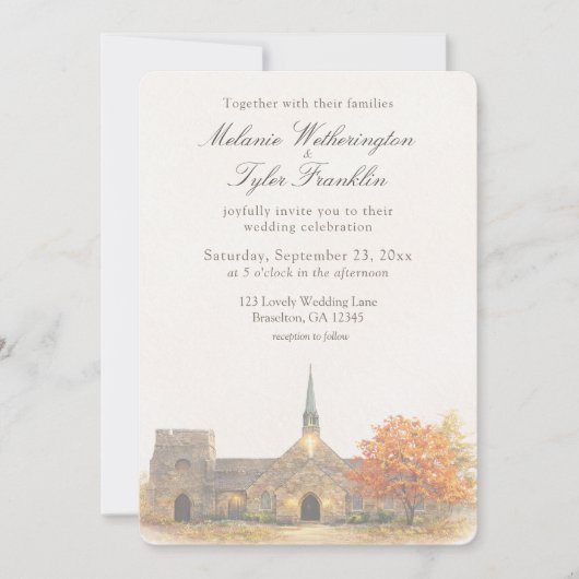 Watercolor Stone Chapel Fall Wedding Invitation Kaart (Voorkant)