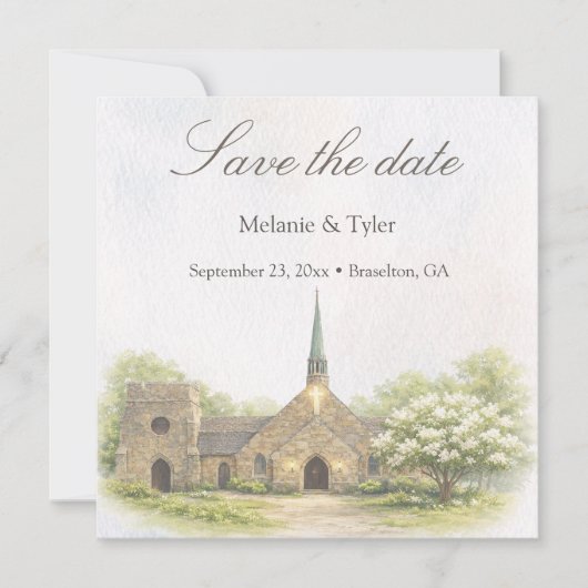 Watercolor Stone Chapel Save the Date Card (Voorkant)