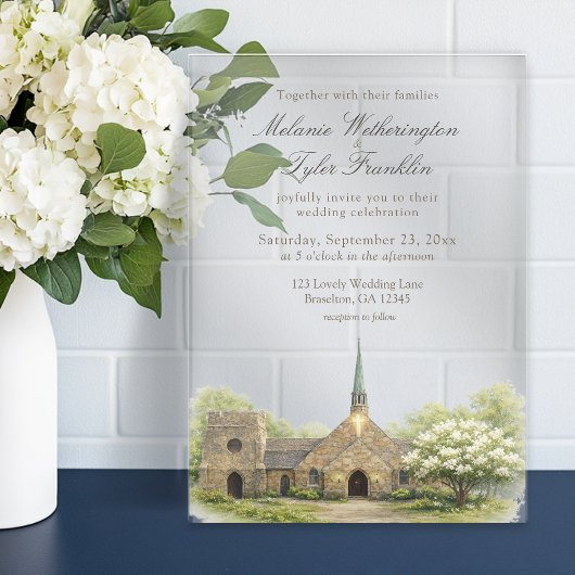 Watercolor Stone Chapel Summer Wedding Acryl Uitnodigingen