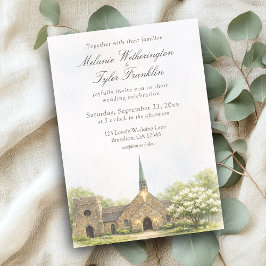 Watercolor Stone Chapel Summer Wedding Invitation Kaart