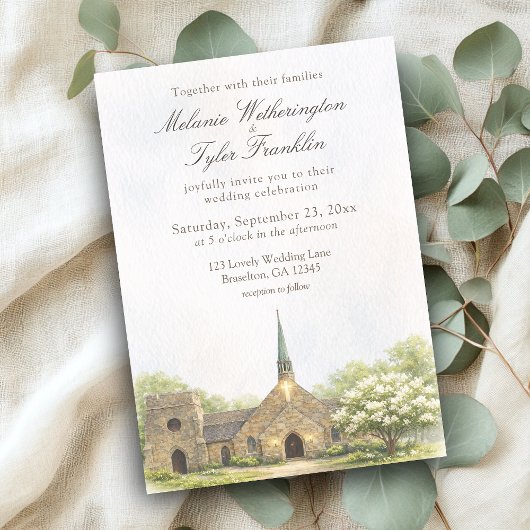 Watercolor Stone Chapel Summer Wedding Invitation Kaart