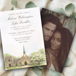 Watercolor Stone Chapel Wedding Photo Invitation Kaart