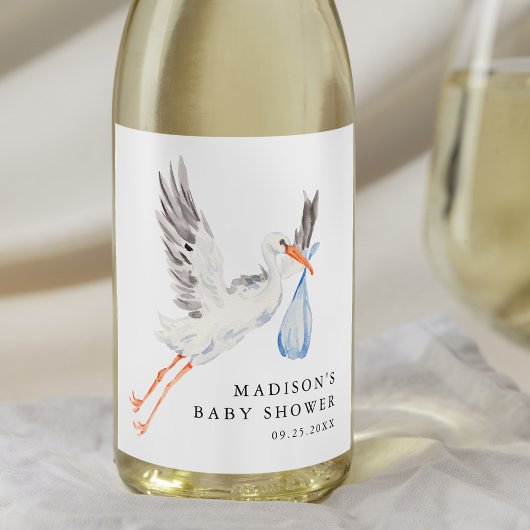 Watercolor Stork Blue Boy Baby Shower Wijn Etiket