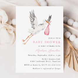Watercolor Stork Pink Girl Baby Shower Kaart