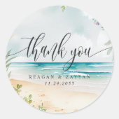 Watercolor Strand Bruiloft Bedankt Ronde Sticker (Voorkant)