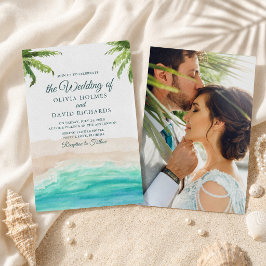 Watercolor Strand en Palmboom Foto Bruiloft Kaart