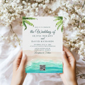 Watercolor Strand Foto & QR Code Trouwfeest Kaart