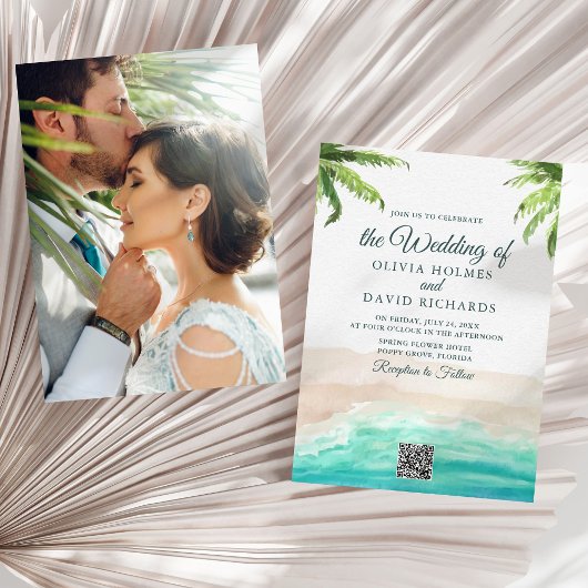 Watercolor Strand Foto & QR Code Trouwfeest Kaart