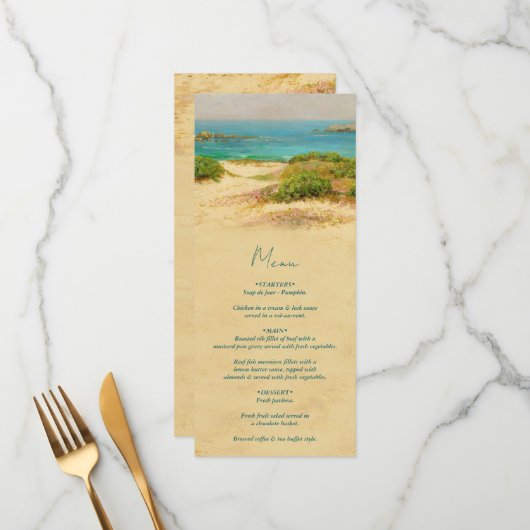 Watercolor Strand Kust Huwelijksbestemming Menu (Voorkant / Achterkant in situ)