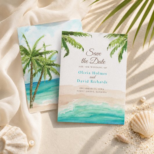 Watercolor Strand & Palmboom Trouwkaart Save The Date