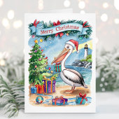 Watercolor Strand Pelikaan Kerstkaart Feestdagen Kaart