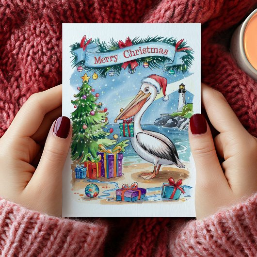 Watercolor Strand Pelikaan Kerstkaart Feestdagen Kaart