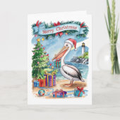 Watercolor Strand Pelikaan Kerstkaart Feestdagen Kaart (Voorkant)