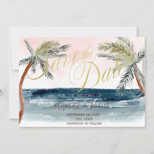 Watercolor Strand Trouwpalmen Save The Date (Voorkant)