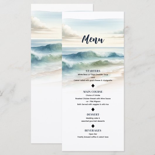 Watercolor Strandgolven Kust Bruiloftsmenu Menu (Voorkant / Achterkant)