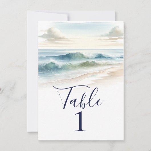 Watercolor Strandgolven Rustical Huwelijk Tafelnum Kaart (Voorkant)
